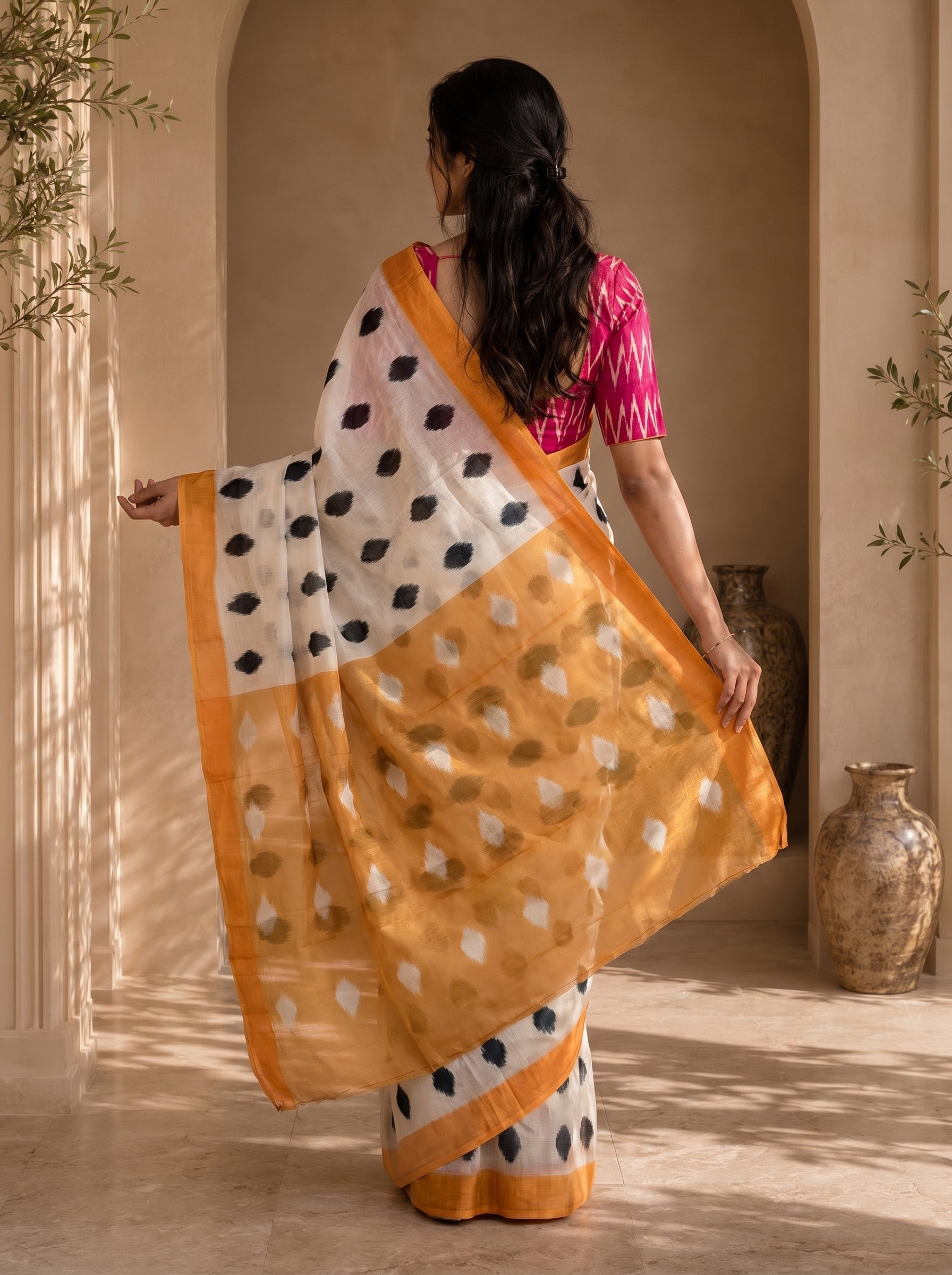 Neelika Soft Chanderi Cotton Saree – Cream Mustard Ikkat Dot Digital Print