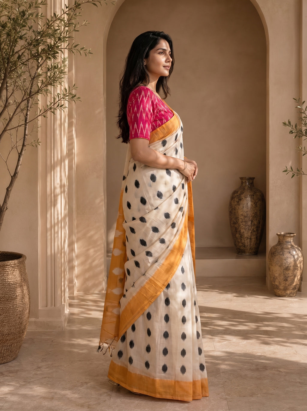 Neelika Soft Chanderi Cotton Saree – Cream Mustard Ikkat Dot Digital Print