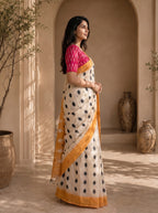 Neelika Soft Chanderi Cotton Saree – Cream Mustard Ikkat Dot Digital Print