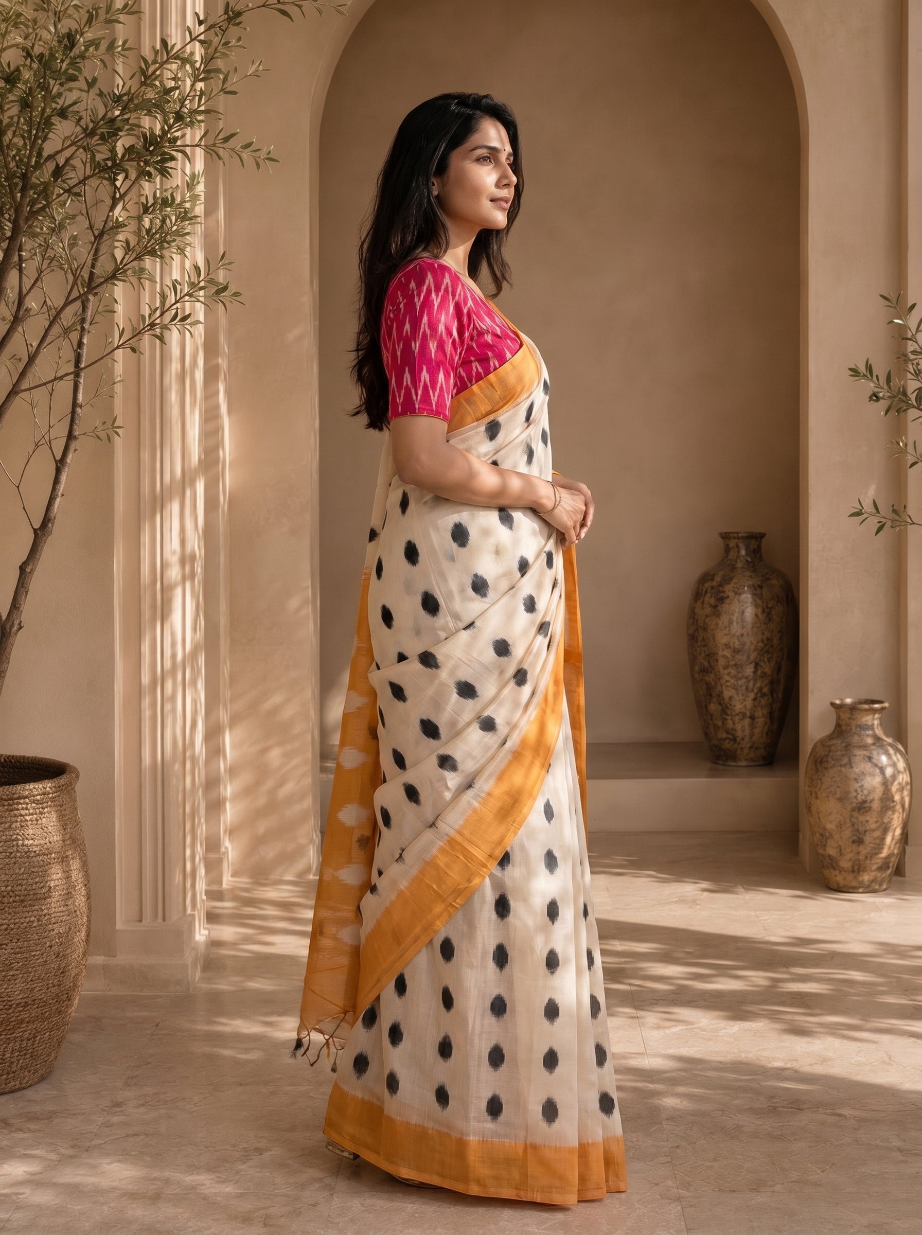 Neelika Soft Chanderi Cotton Saree – Cream Mustard Ikkat Dot Digital Print
