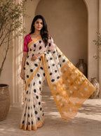 Neelika Soft Chanderi Cotton Saree – Cream Mustard Ikkat Dot Digital Print
