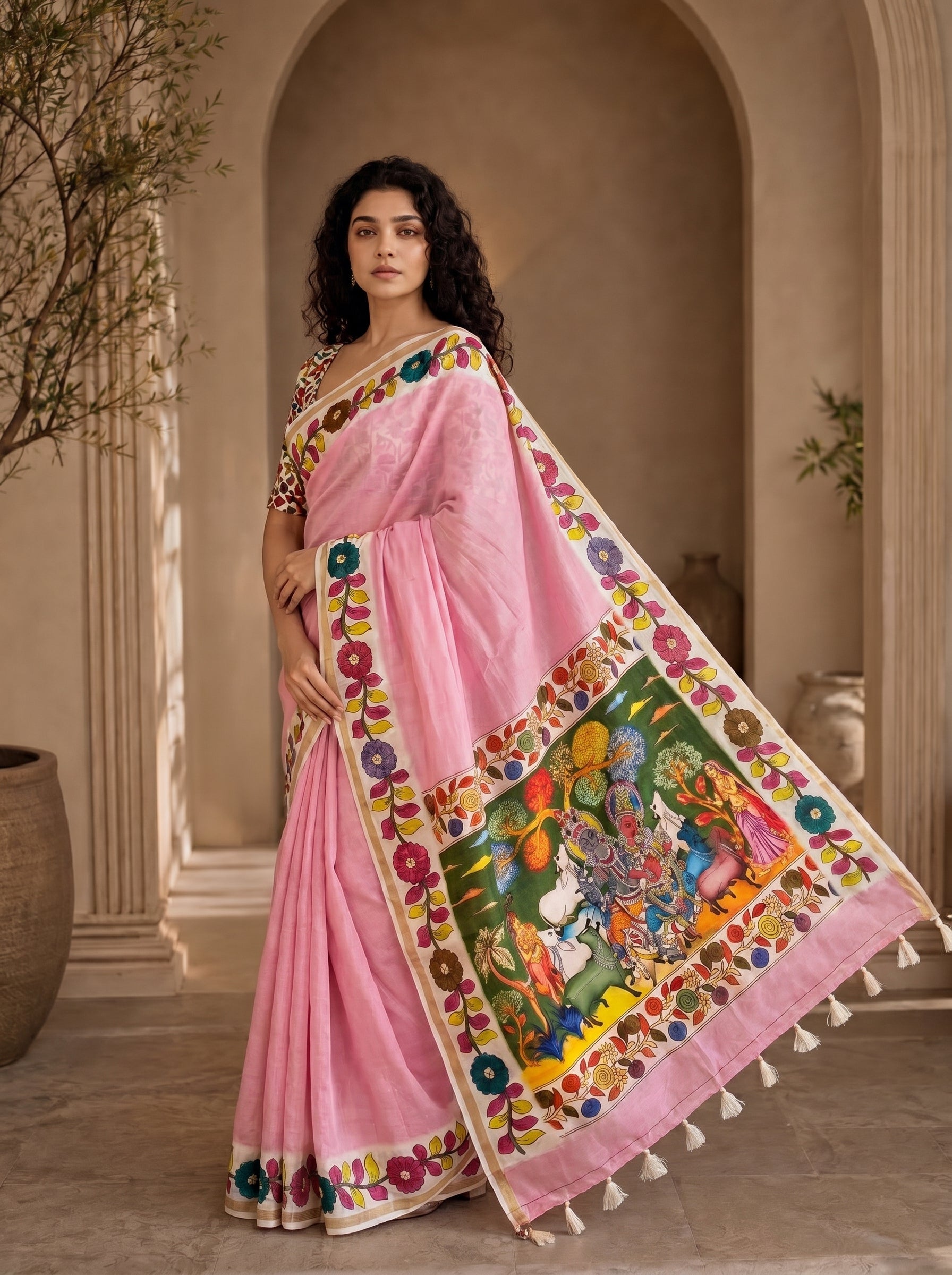 Vedyana Cotton Blend Saree – Pink Kalamkari Digital Print