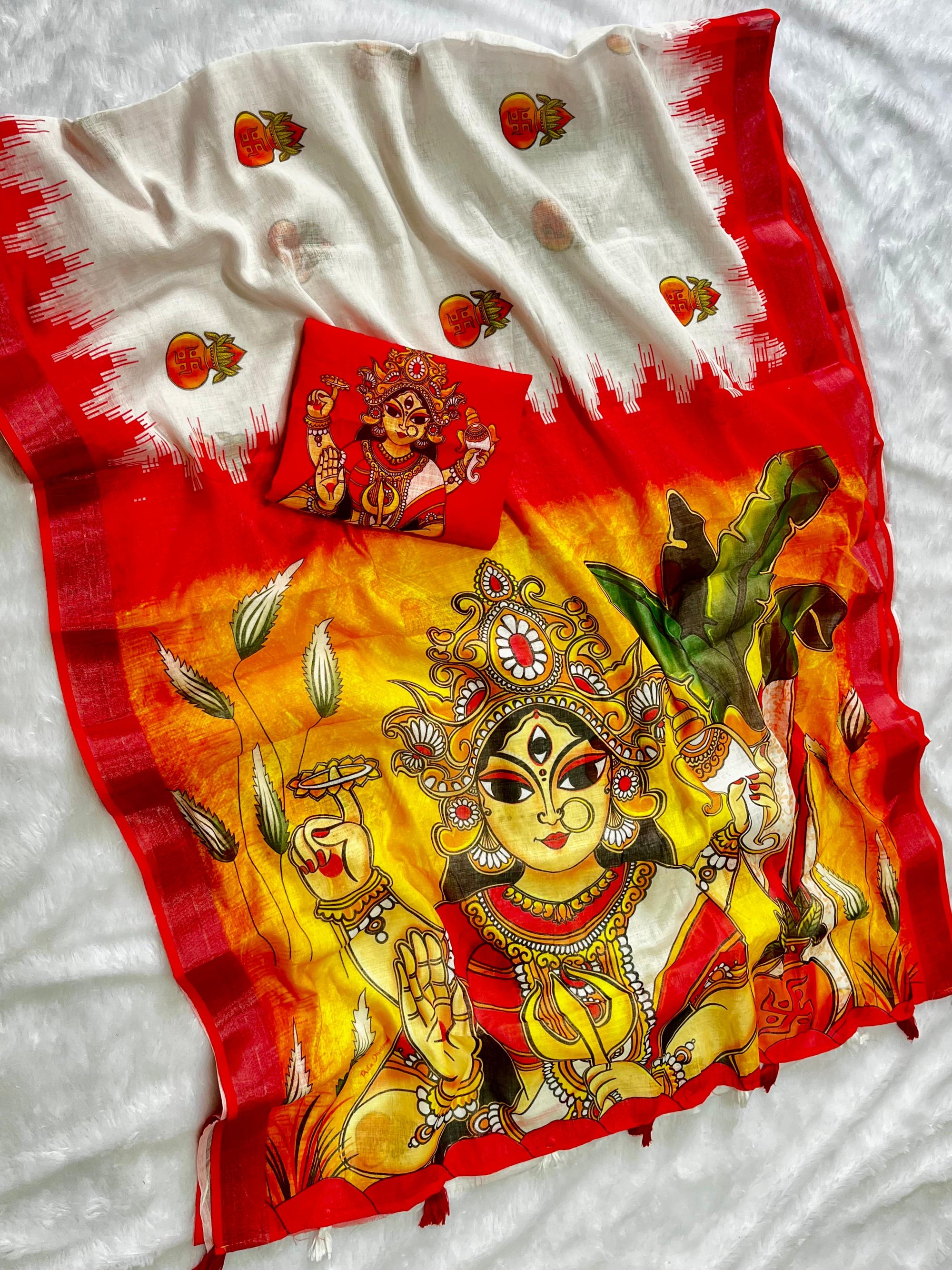 Red-White Durga Pooja Digital Printed Soft Linen Cotton Saree – Design 1: Kalash with Swastik
