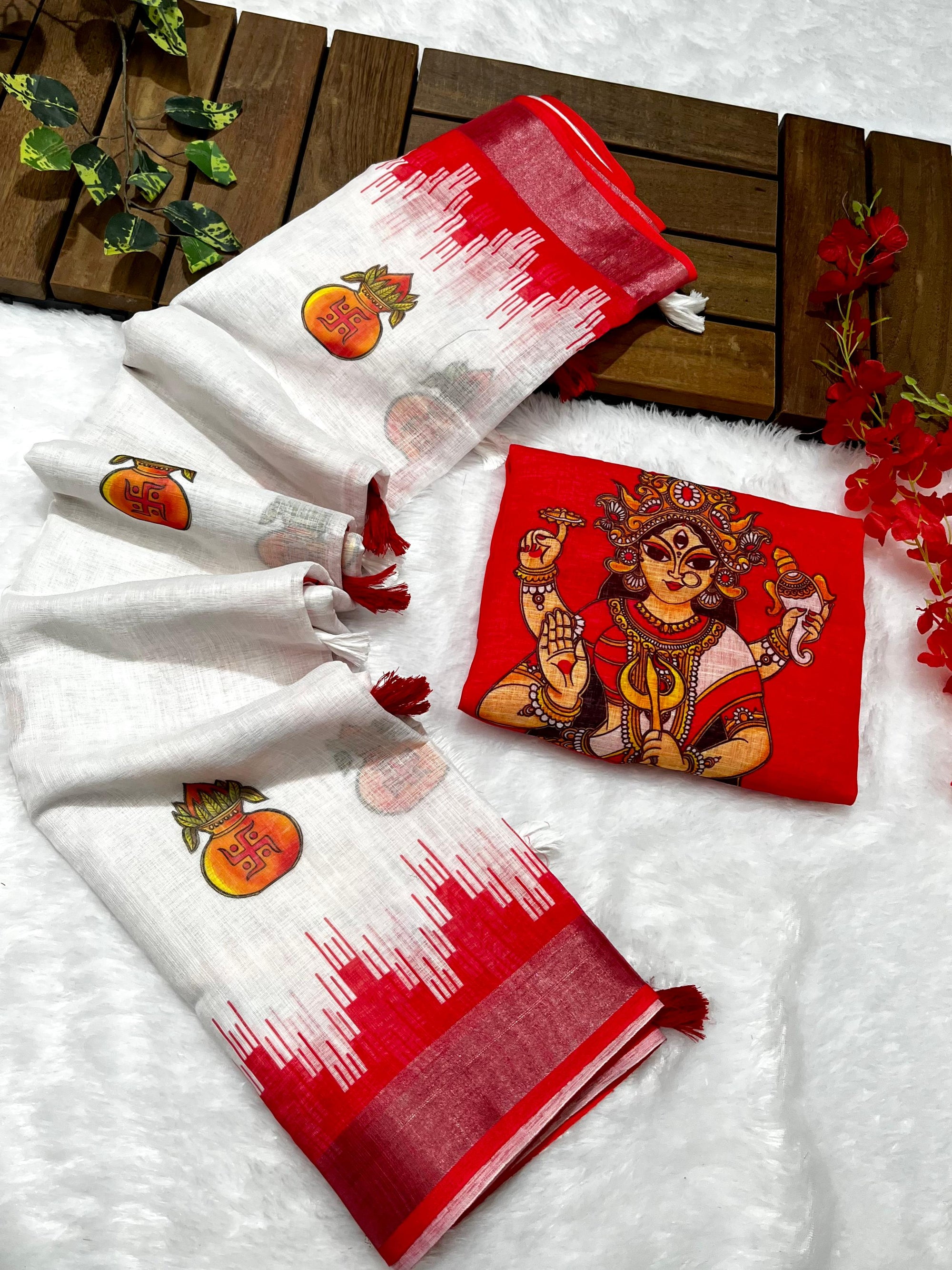 Red-White Durga Pooja Digital Printed Soft Linen Cotton Saree – Design 1: Kalash with Swastik