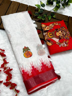 Red-White Durga Pooja Digital Printed Soft Linen Cotton Saree – Design 1: Kalash with Swastik