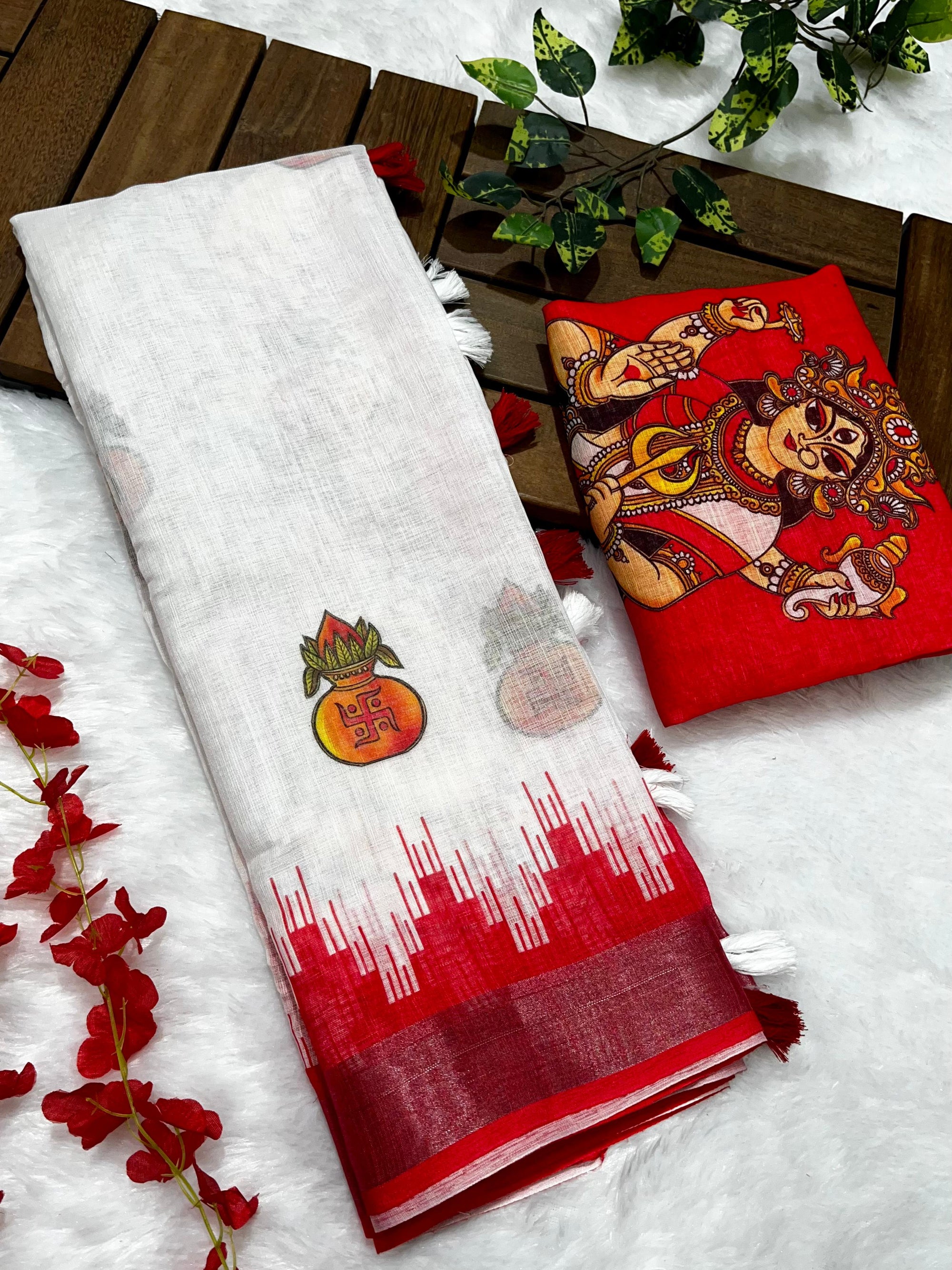 Red-White Durga Pooja Digital Printed Soft Linen Cotton Saree – Design 1: Kalash with Swastik