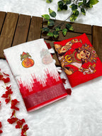 Red-White Durga Pooja Digital Printed Soft Linen Cotton Saree – Design 1: Kalash with Swastik