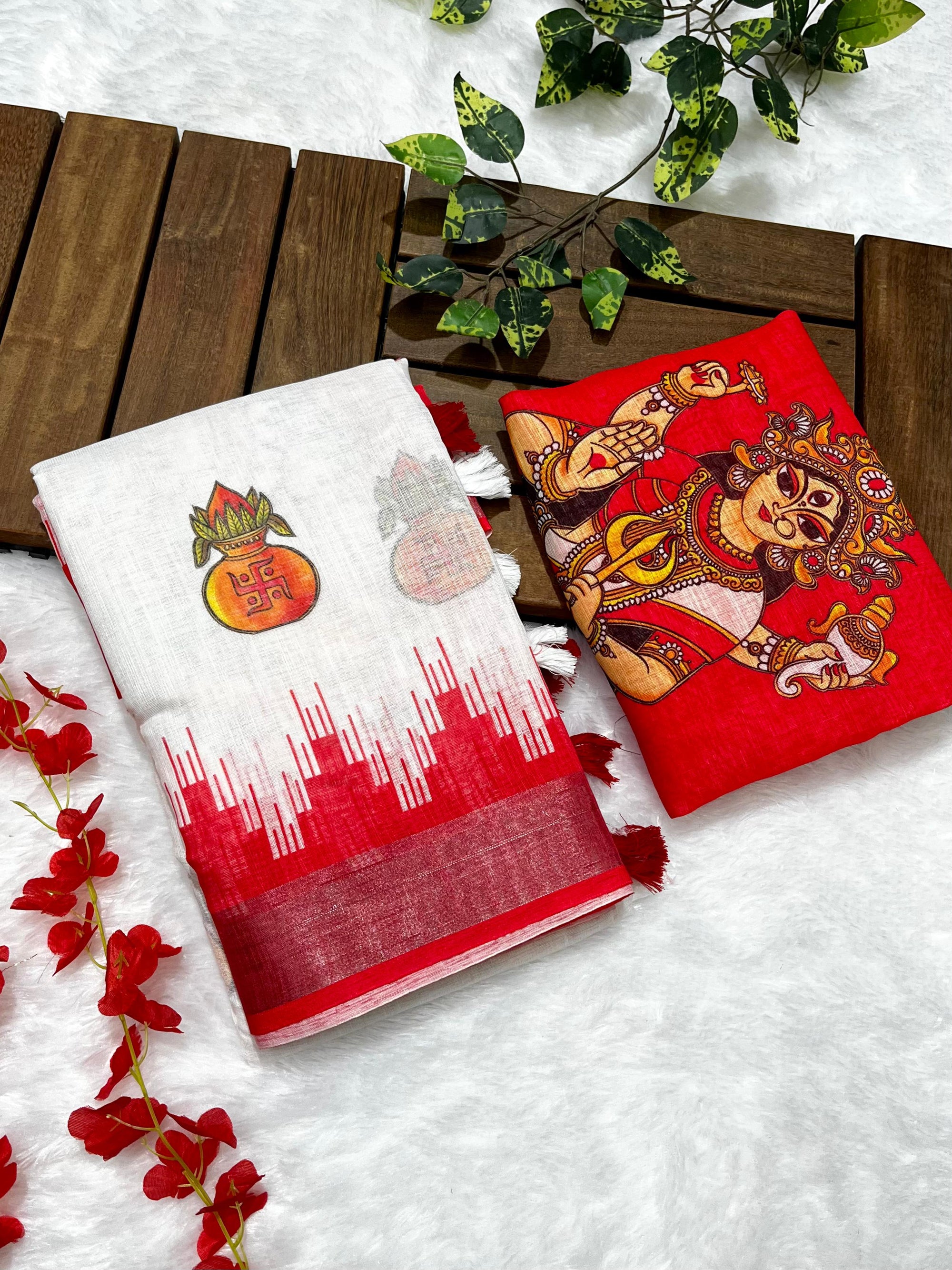 Red-White Durga Pooja Digital Printed Soft Linen Cotton Saree – Design 1: Kalash with Swastik