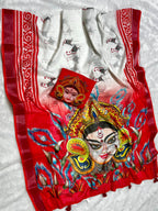 Red-White Durga Pooja Digital Printed Soft Linen Cotton Saree – Design 2: Durga Feet with Payal