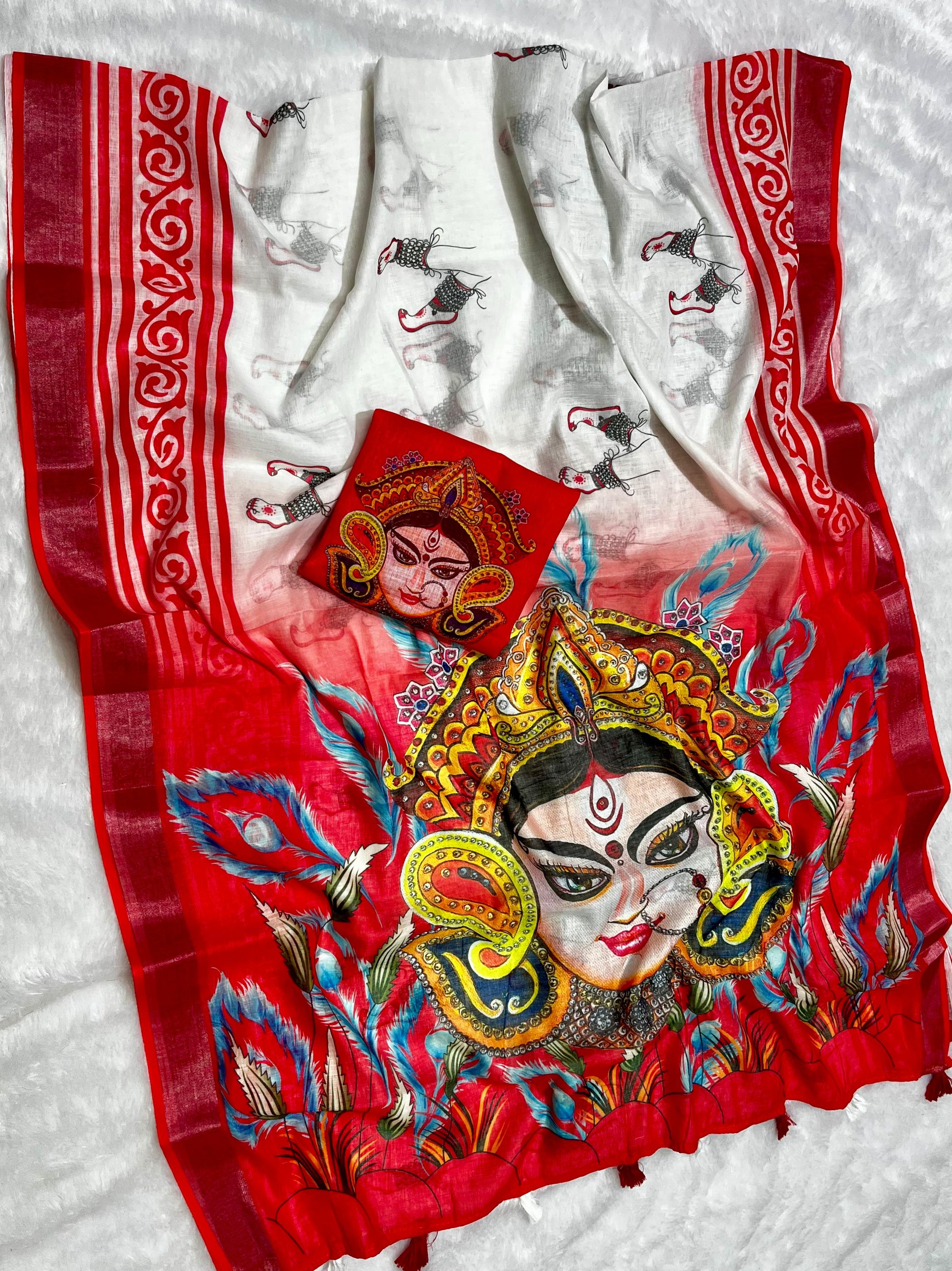 Red-White Durga Pooja Digital Printed Soft Linen Cotton Saree – Design 2: Durga Feet with Payal