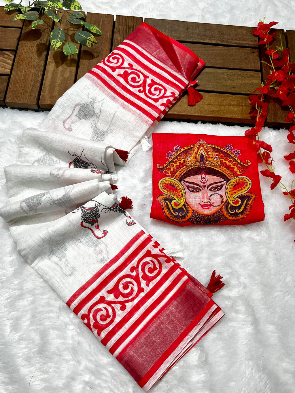 Red-White Durga Pooja Digital Printed Soft Linen Cotton Saree – Design 2: Durga Feet with Payal