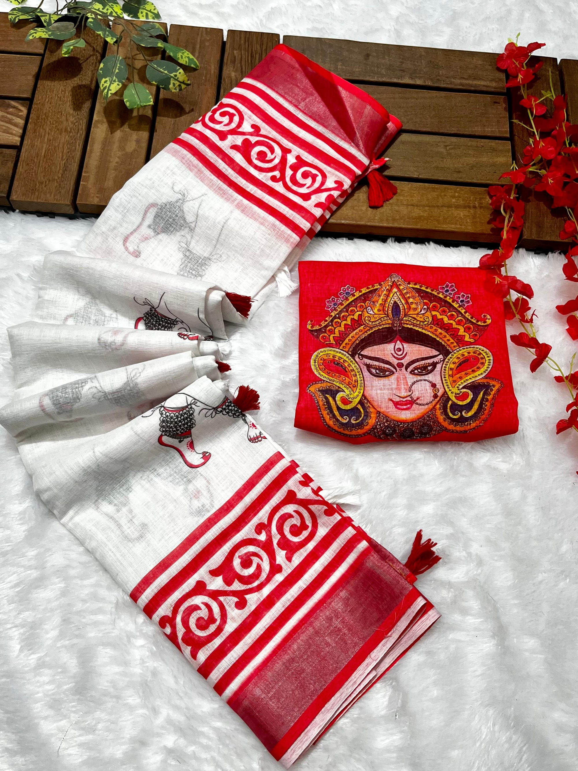 Red-White Durga Pooja Digital Printed Soft Linen Cotton Saree – Design 2: Durga Feet with Payal