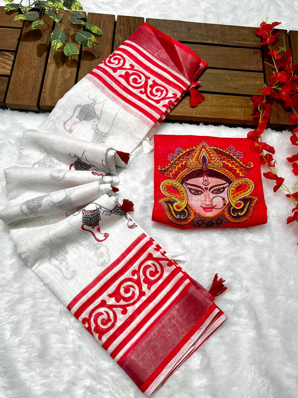 Red-White Durga Pooja Digital Printed Soft Linen Cotton Saree – Design 2: Durga Feet with Payal