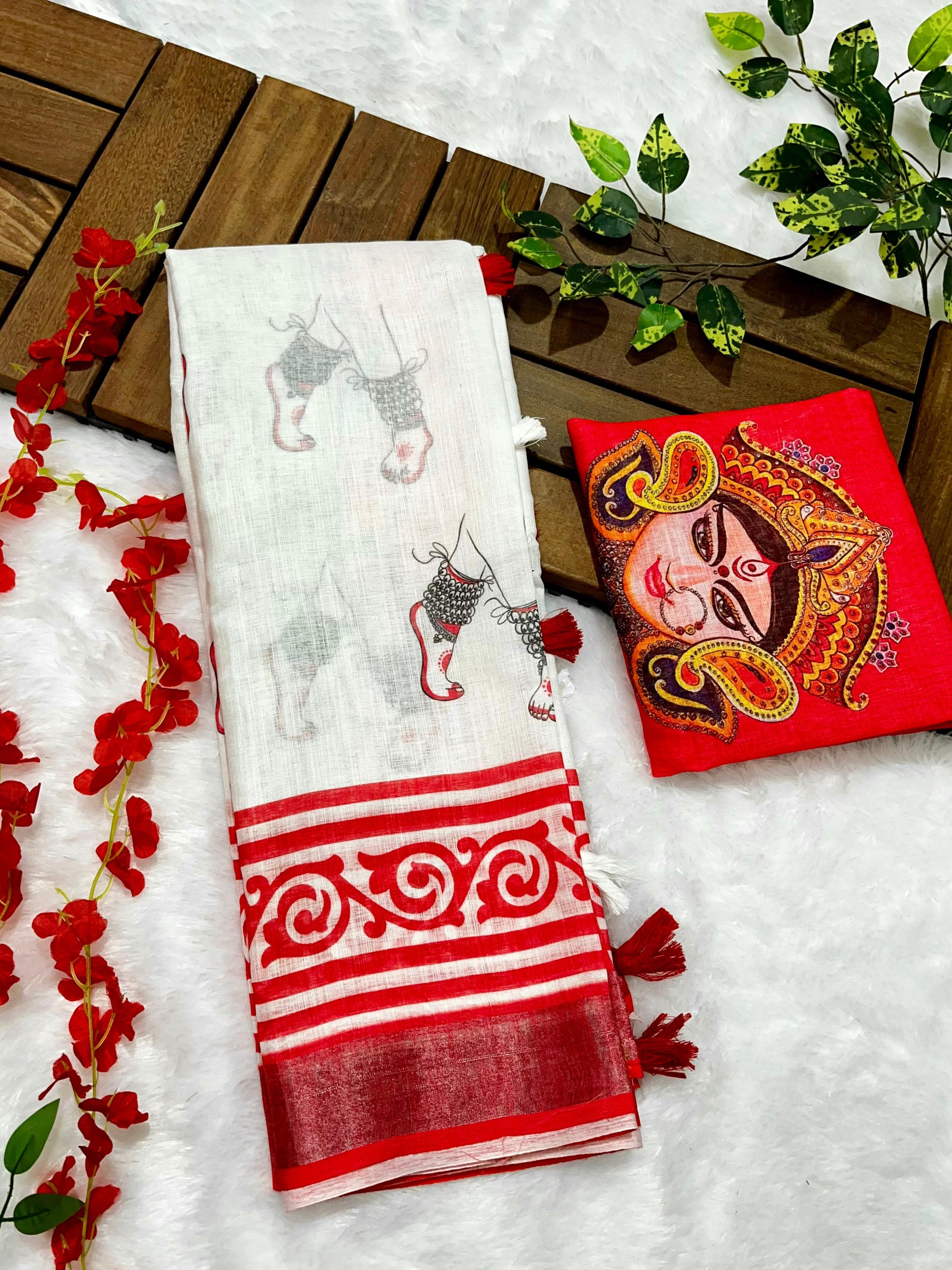 Red-White Durga Pooja Digital Printed Soft Linen Cotton Saree – Design 2: Durga Feet with Payal