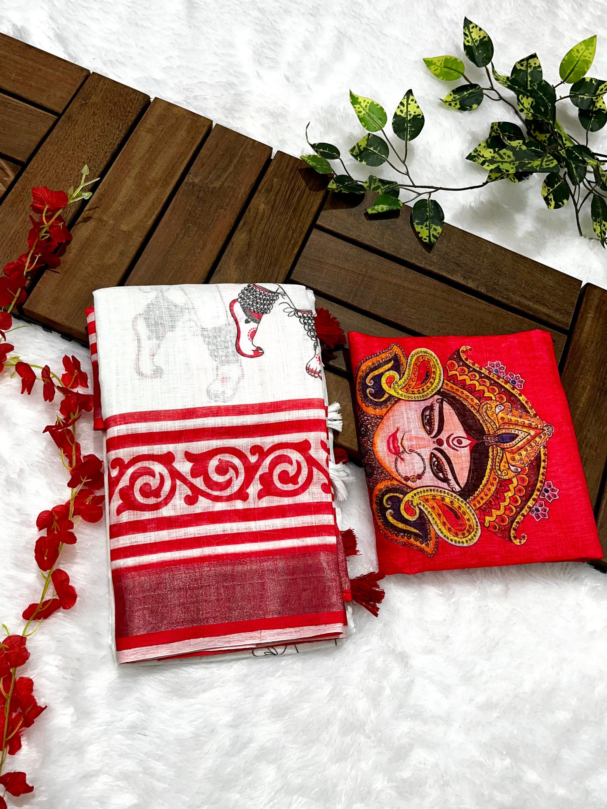Red-White Durga Pooja Digital Printed Soft Linen Cotton Saree – Design 2: Durga Feet with Payal