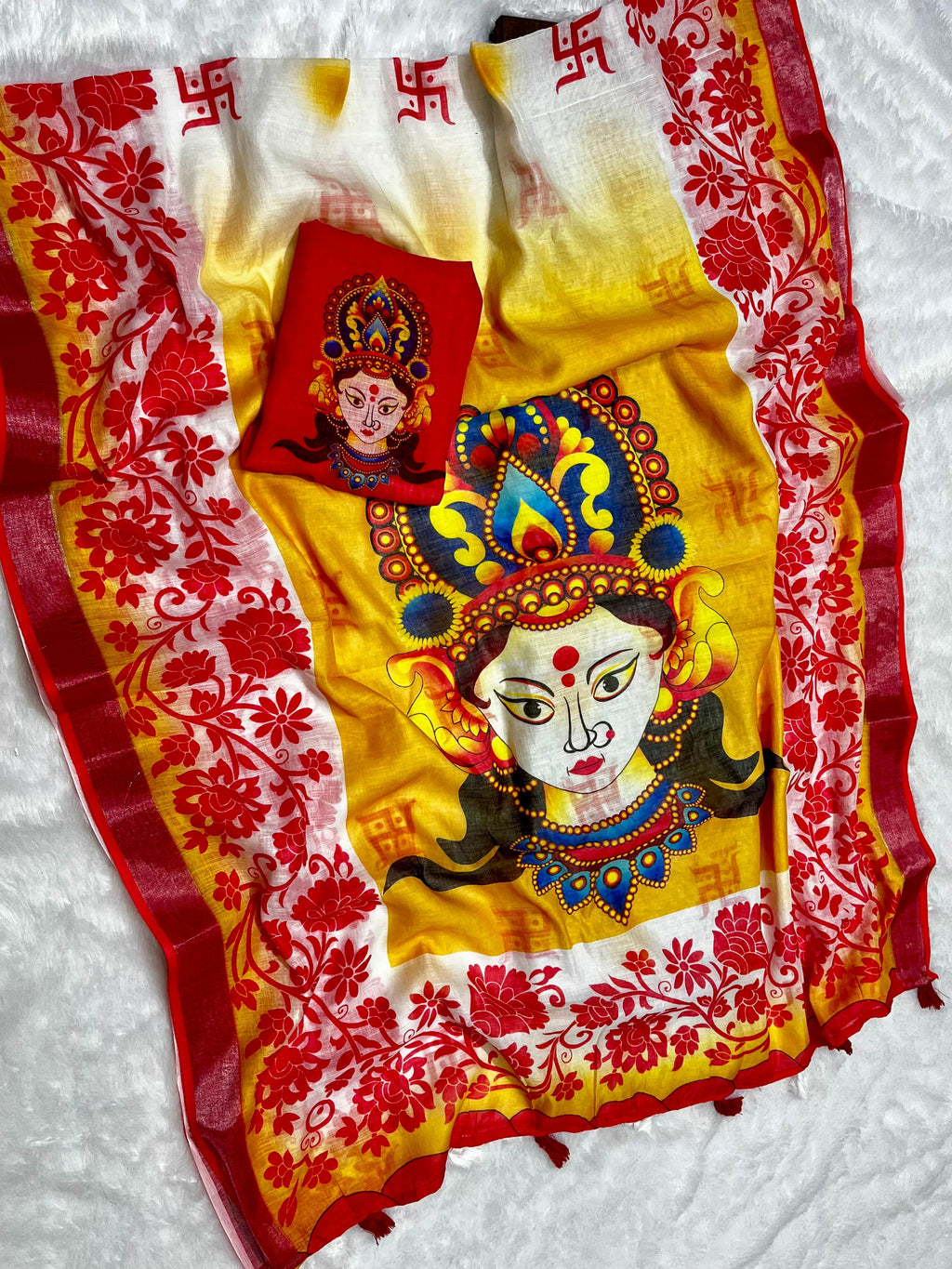 Red-White Durga Pooja Digital Printed Soft Linen Cotton Saree – Design 3: Swastik with Floral Border