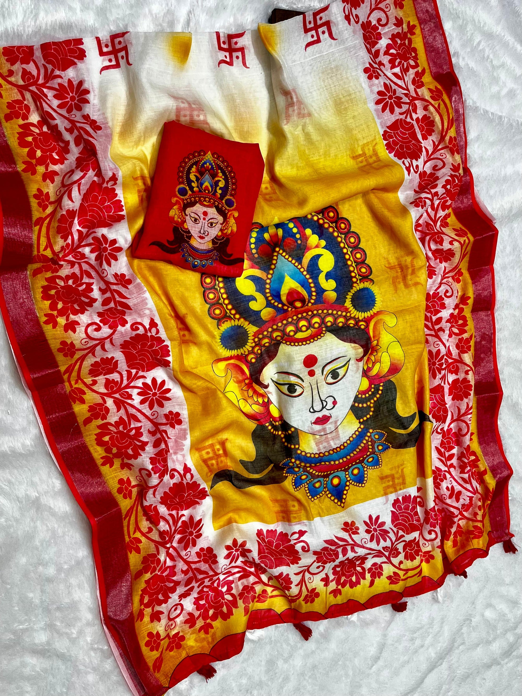 Red-White Durga Pooja Digital Printed Soft Linen Cotton Saree – Design 3: Swastik with Floral Border