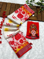 Red-White Durga Pooja Digital Printed Soft Linen Cotton Saree – Design 3: Swastik with Floral Border