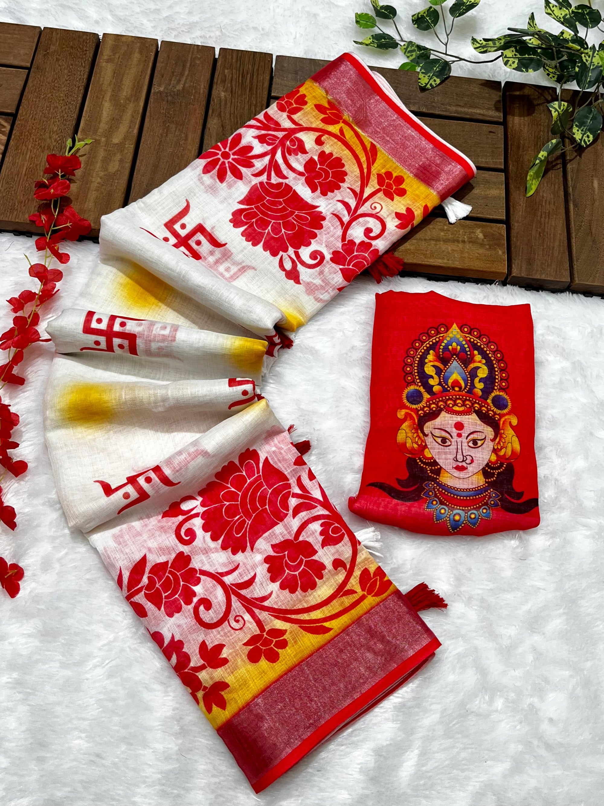 Red-White Durga Pooja Digital Printed Soft Linen Cotton Saree – Design 3: Swastik with Floral Border