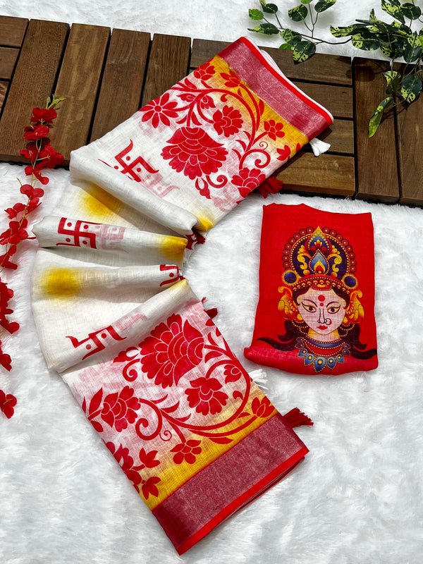 Red-White Durga Pooja Digital Printed Soft Linen Cotton Saree – Design 3: Swastik with Floral Border
