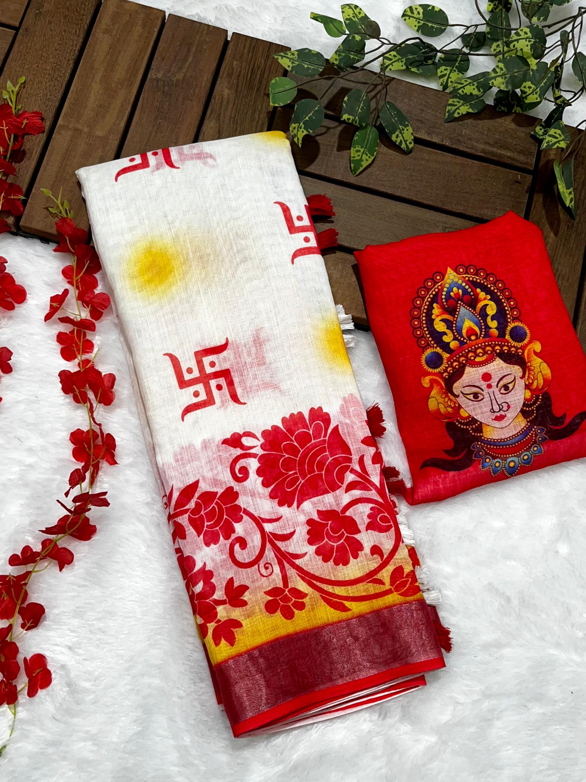 Red-White Durga Pooja Digital Printed Soft Linen Cotton Saree – Design 3: Swastik with Floral Border