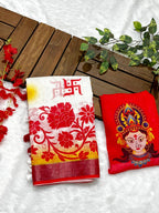 Red-White Durga Pooja Digital Printed Soft Linen Cotton Saree – Design 3: Swastik with Floral Border