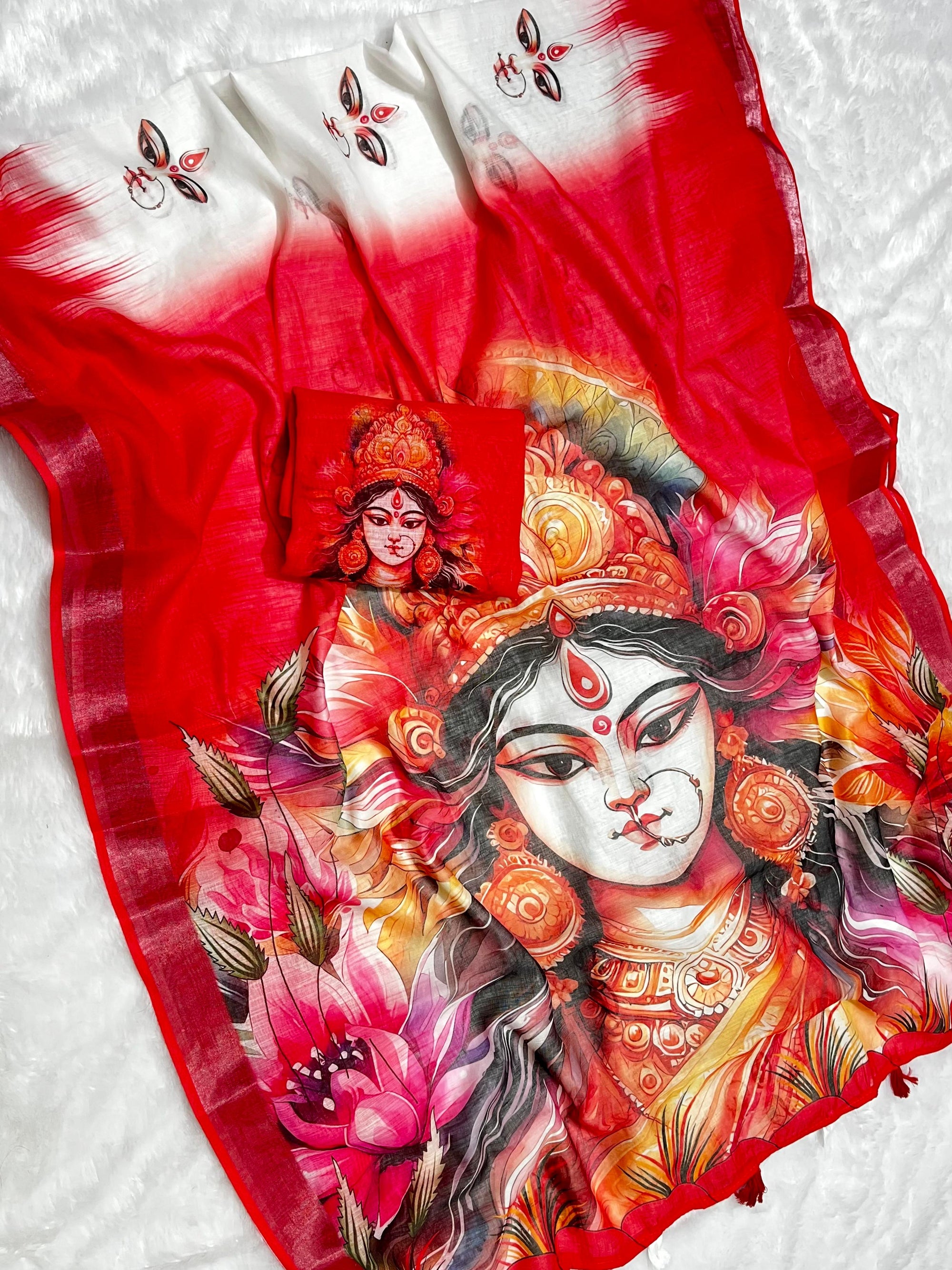 Red-White Durga Pooja Digital Printed Soft Linen Cotton Saree – Design 4: Durga Eye