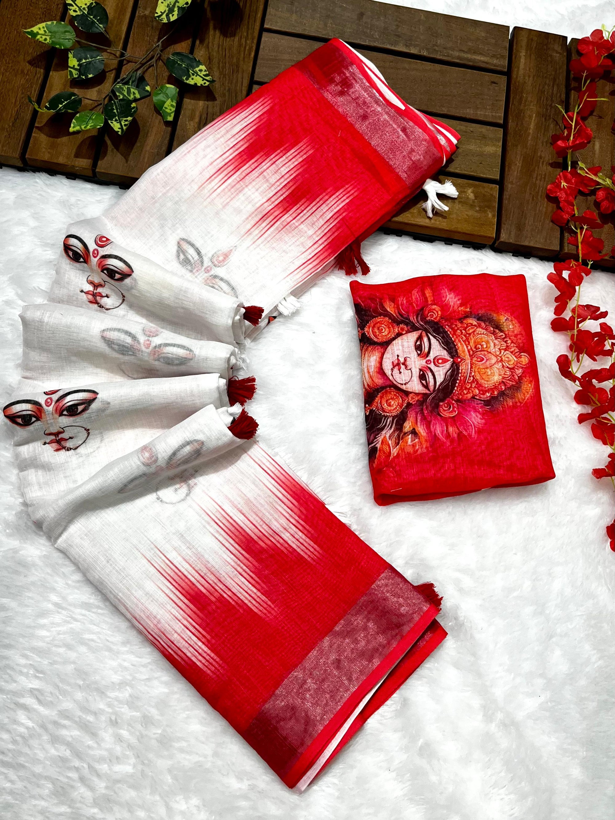 Red-White Durga Pooja Digital Printed Soft Linen Cotton Saree – Design 4: Durga Eye