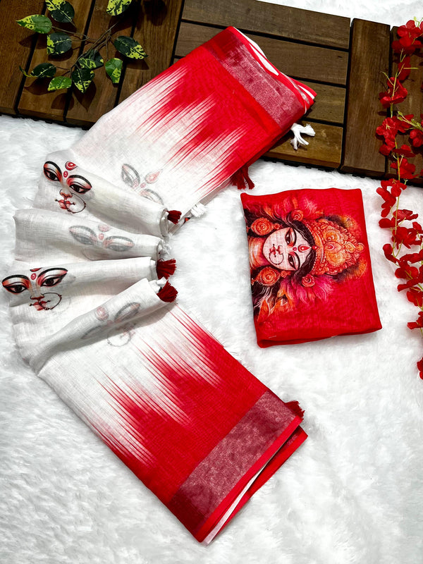 Red-White Durga Pooja Digital Printed Soft Linen Cotton Saree – Design 4: Durga Eye