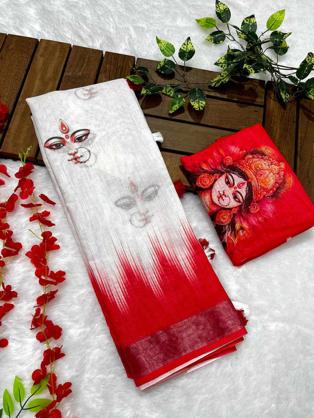 Red-White Durga Pooja Digital Printed Soft Linen Cotton Saree – Design 4: Durga Eye