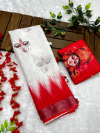 Red-White Durga Pooja Digital Printed Soft Linen Cotton Saree – Design 4: Durga Eye