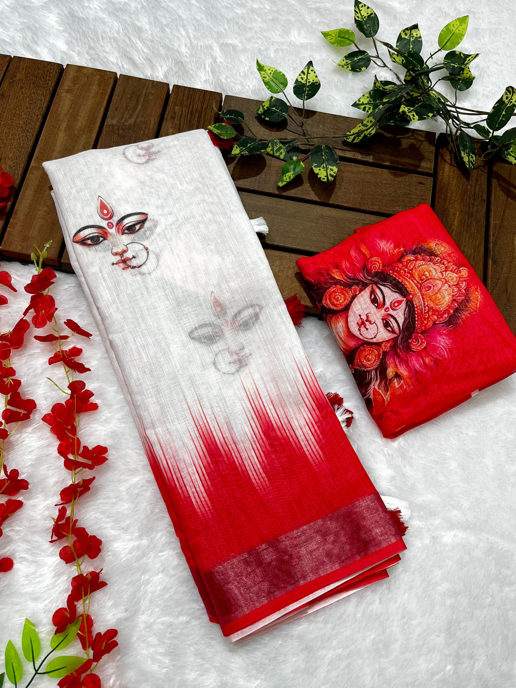 Red-White Durga Pooja Digital Printed Soft Linen Cotton Saree – Design 4: Durga Eye