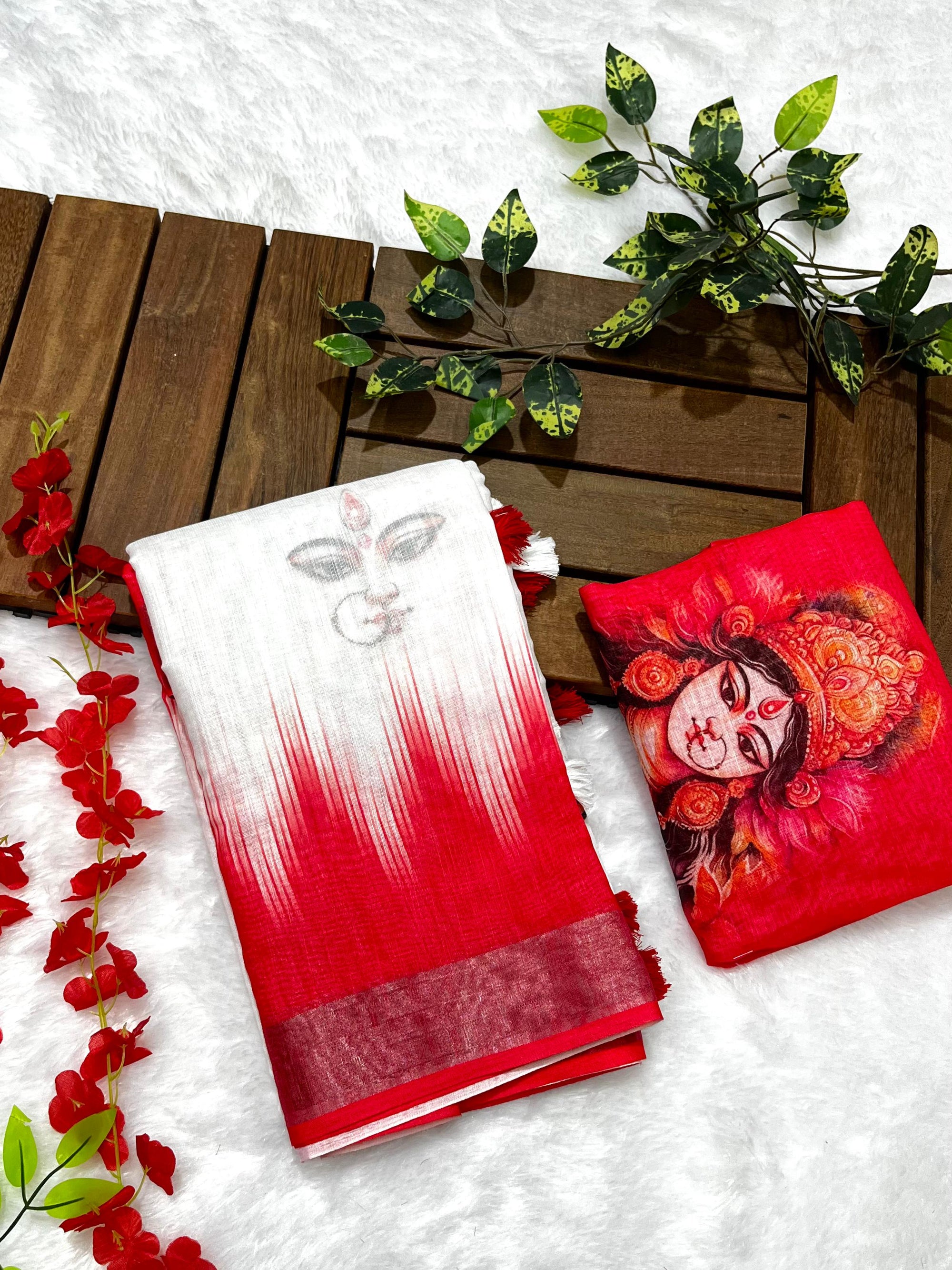 Red-White Durga Pooja Digital Printed Soft Linen Cotton Saree – Design 4: Durga Eye