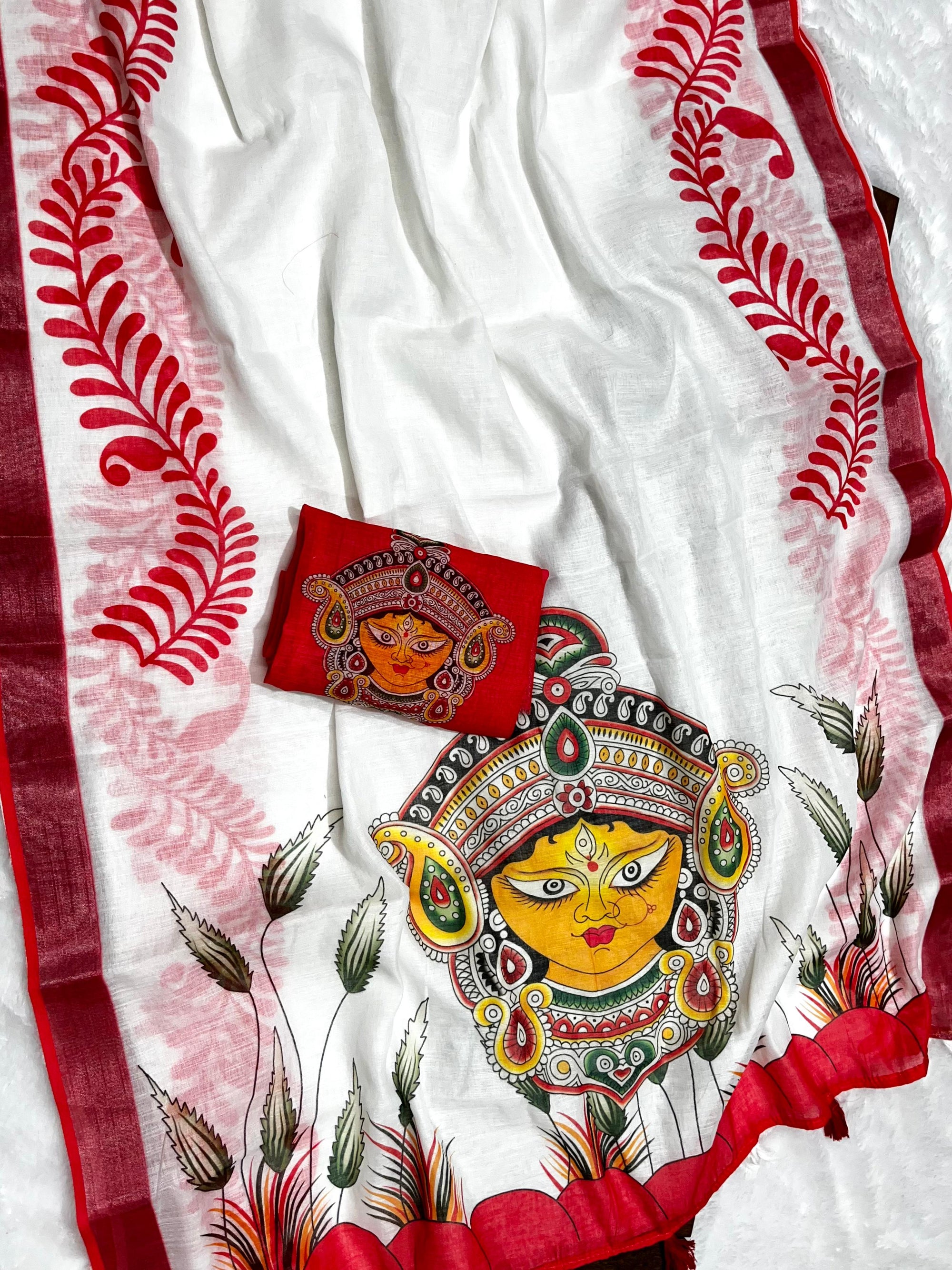 Red-White Durga Pooja Soft Linen Cotton Saree – Design 5: Plain White Body with Red Floral Border
