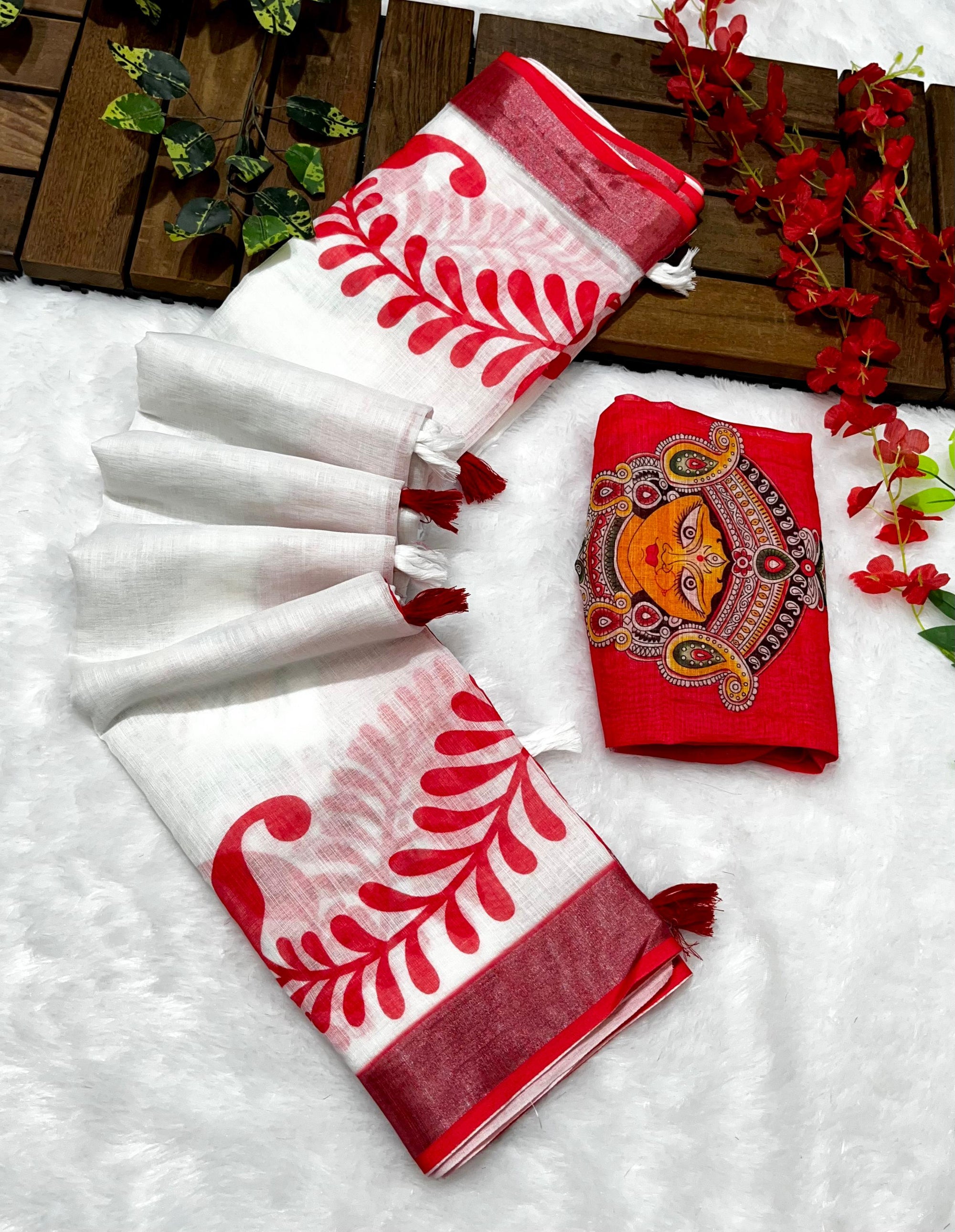 Red-White Durga Pooja Soft Linen Cotton Saree – Design 5: Plain White Body with Red Floral Border