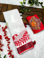 Red-White Durga Pooja Soft Linen Cotton Saree – Design 5: Plain White Body with Red Floral Border