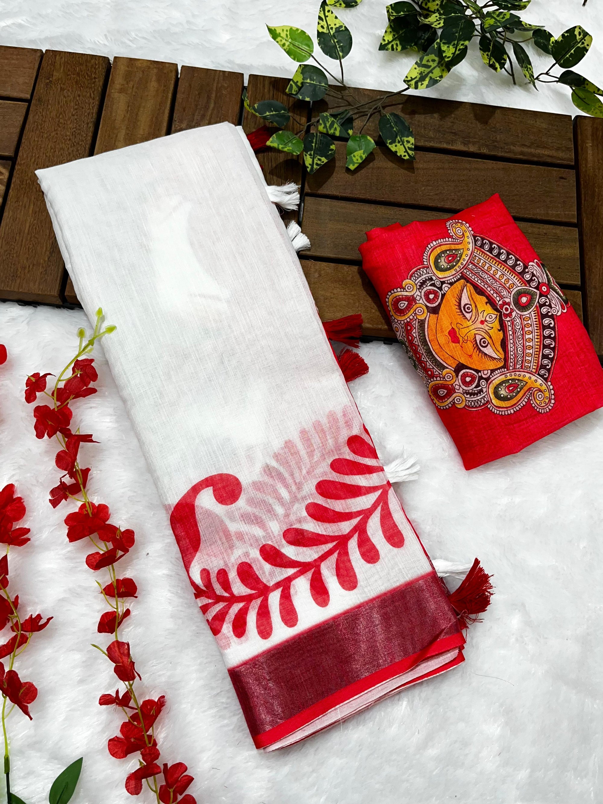 Red-White Durga Pooja Soft Linen Cotton Saree – Design 5: Plain White Body with Red Floral Border