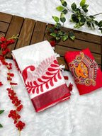 Red-White Durga Pooja Soft Linen Cotton Saree – Design 5: Plain White Body with Red Floral Border