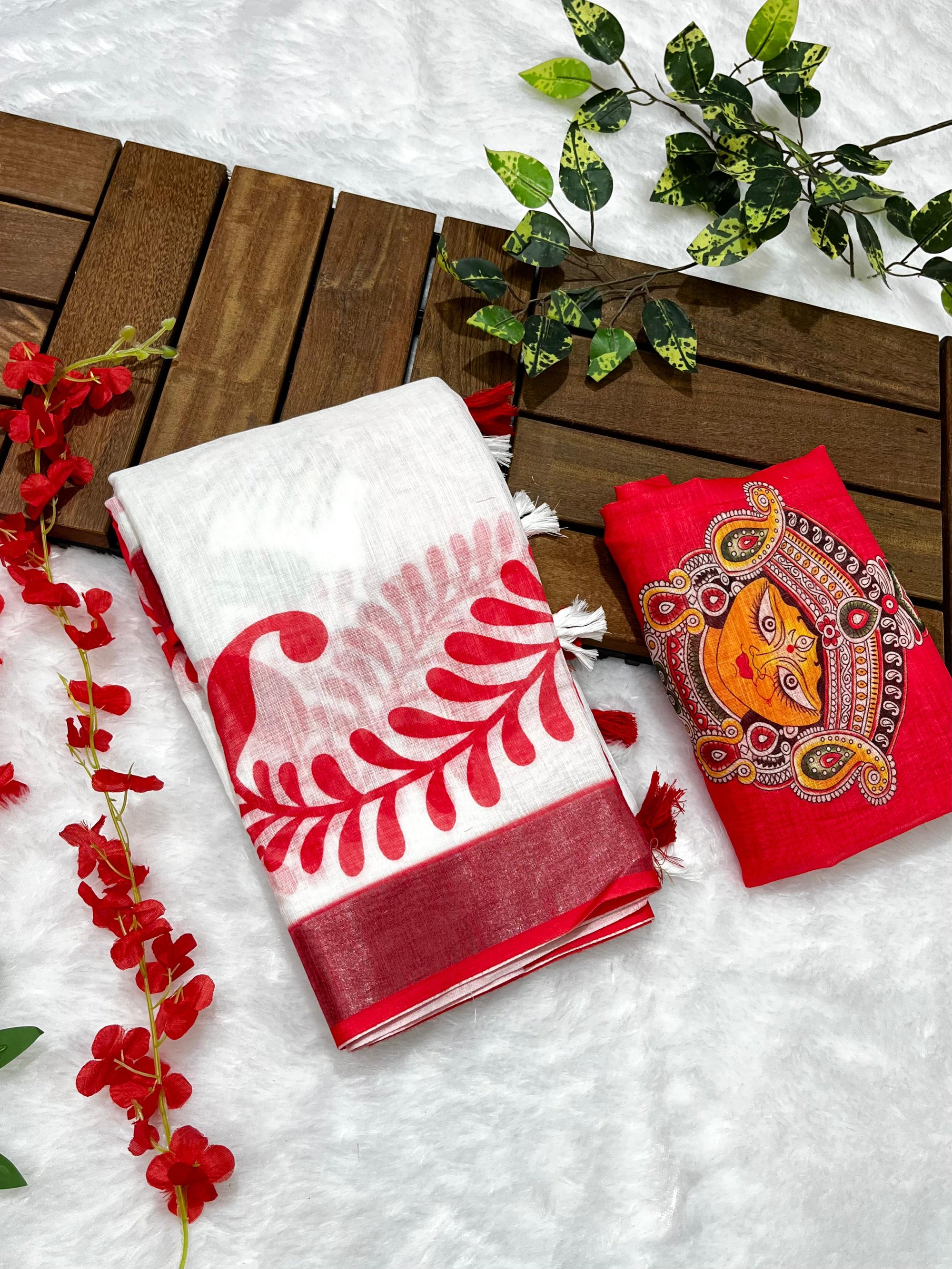 Red-White Durga Pooja Soft Linen Cotton Saree – Design 5: Plain White Body with Red Floral Border