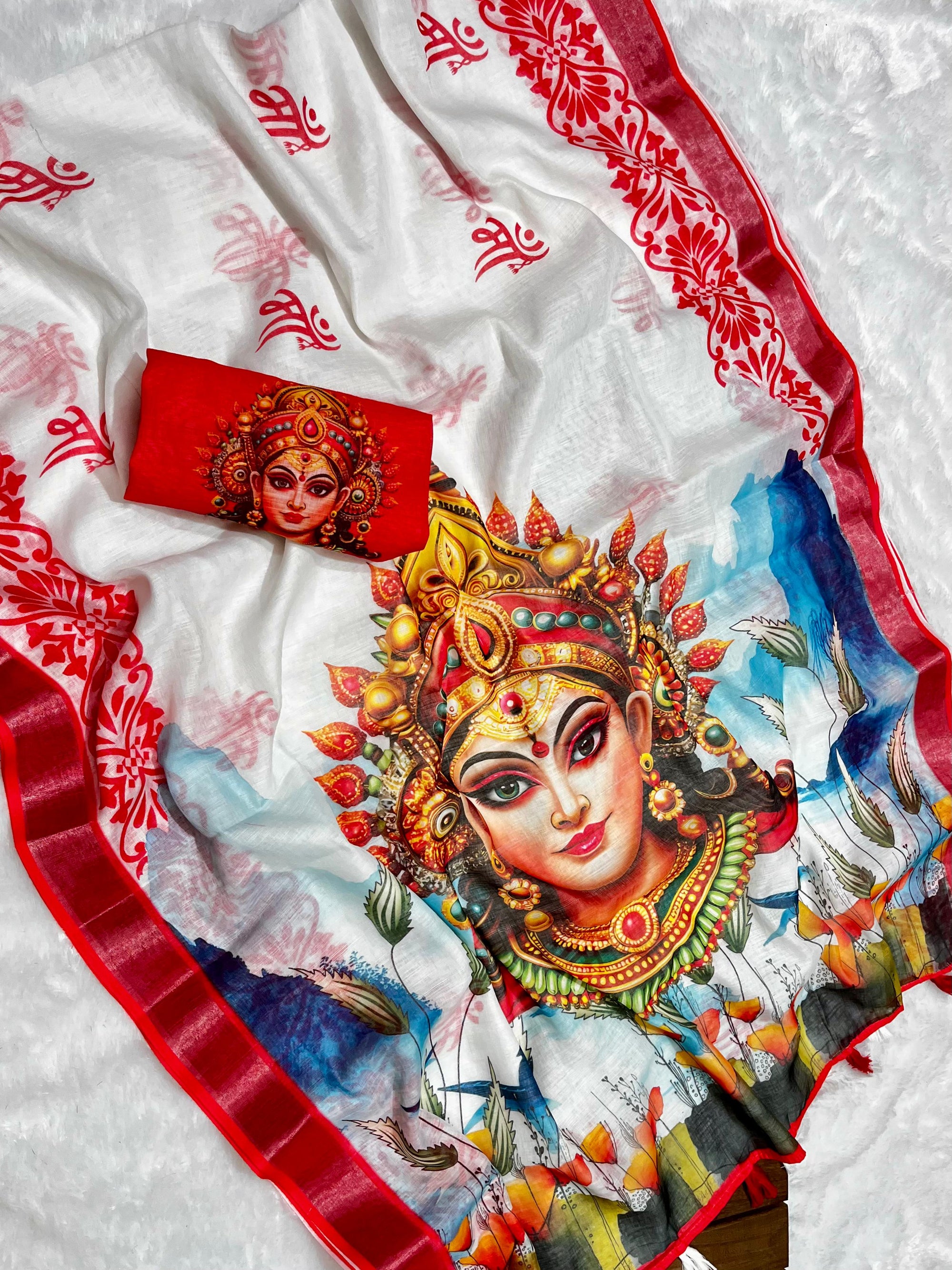 Red-White Durga Pooja Digital Printed Soft Linen Cotton Saree – Design 6: Maa Durga Print