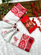 Red-White Durga Pooja Digital Printed Soft Linen Cotton Saree – Design 6: Maa Durga Print