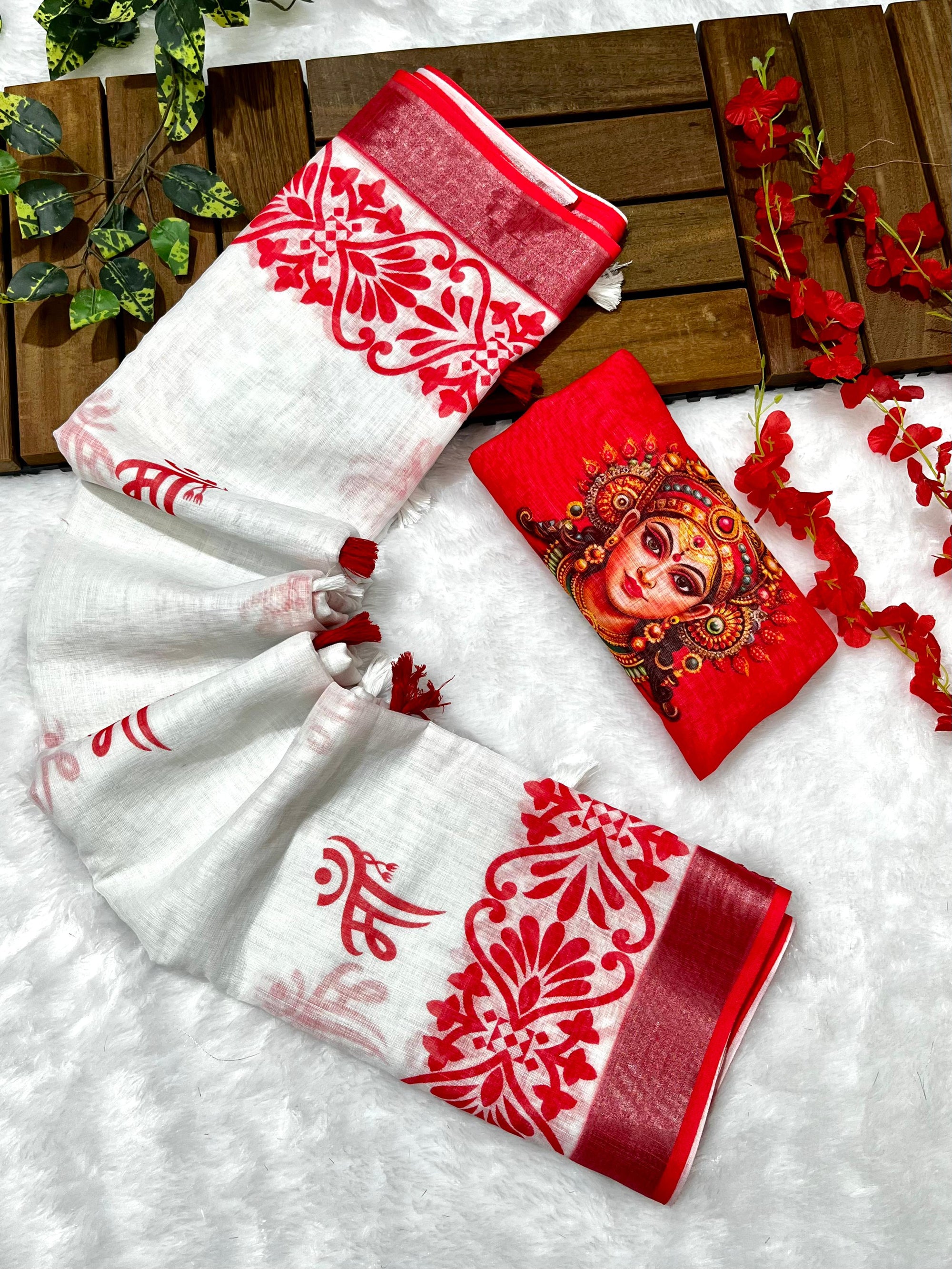 Red-White Durga Pooja Digital Printed Soft Linen Cotton Saree – Design 6: Maa Durga Print