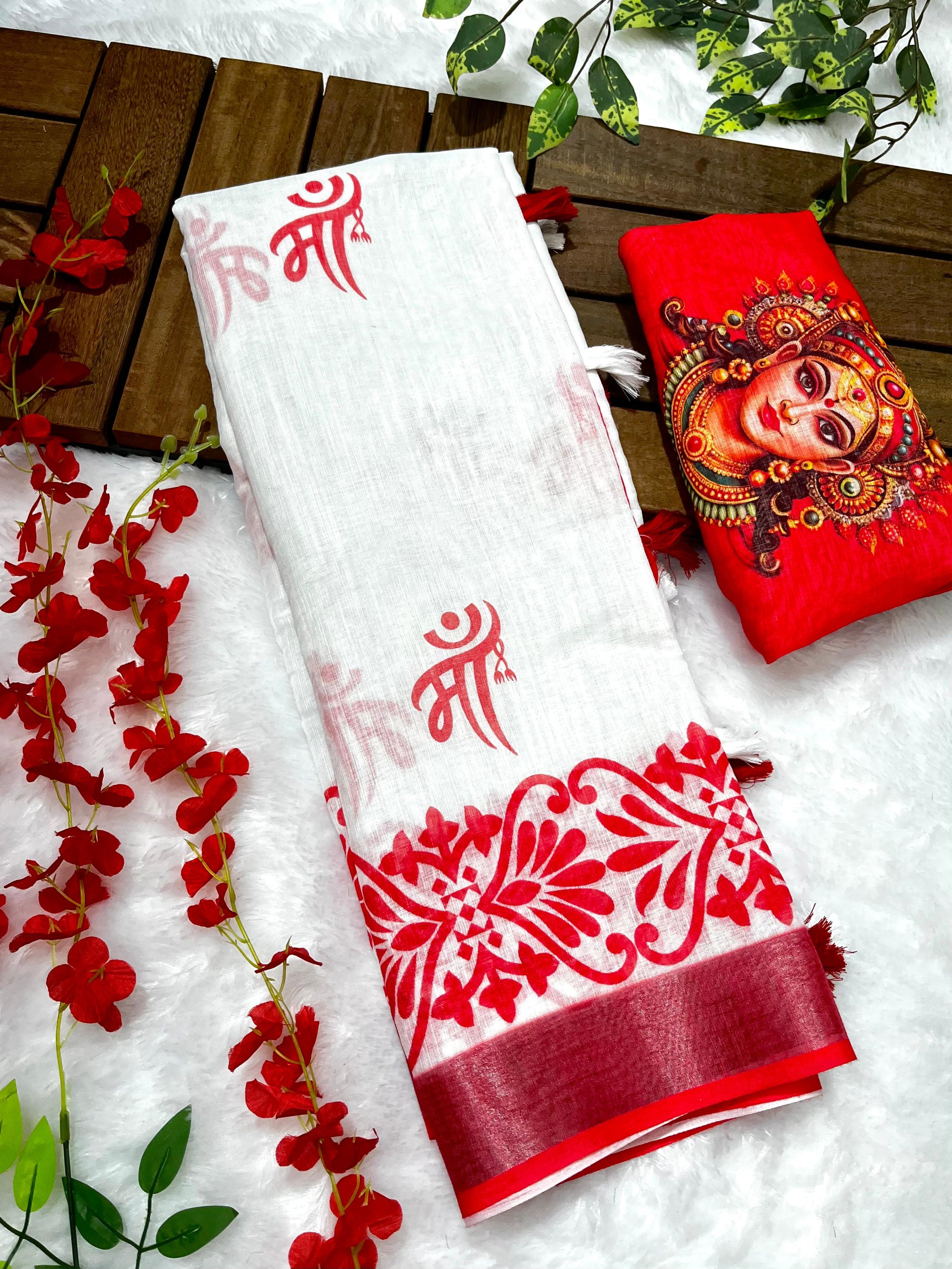 Red-White Durga Pooja Digital Printed Soft Linen Cotton Saree – Design 6: Maa Durga Print