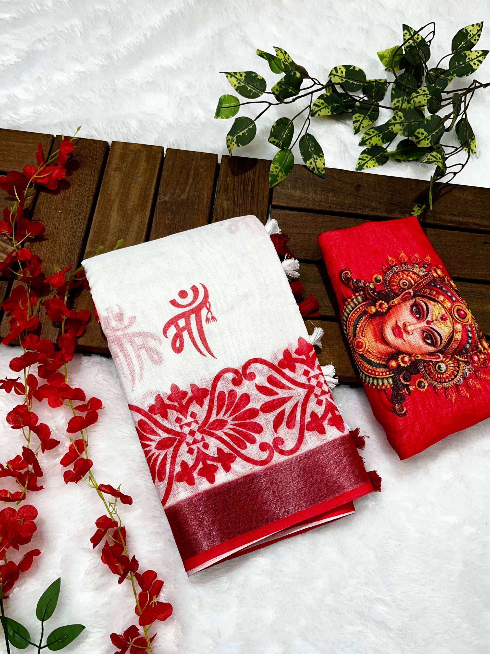 Red-White Durga Pooja Digital Printed Soft Linen Cotton Saree – Design 6: Maa Durga Print