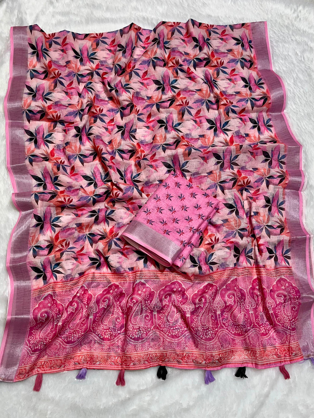 Multicolor Linen Cotton Saree with Floral Digital Prints