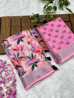 Multicolor Linen Cotton Saree with Floral Digital Prints