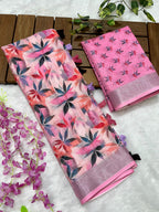 Multicolor Linen Cotton Saree with Floral Digital Prints
