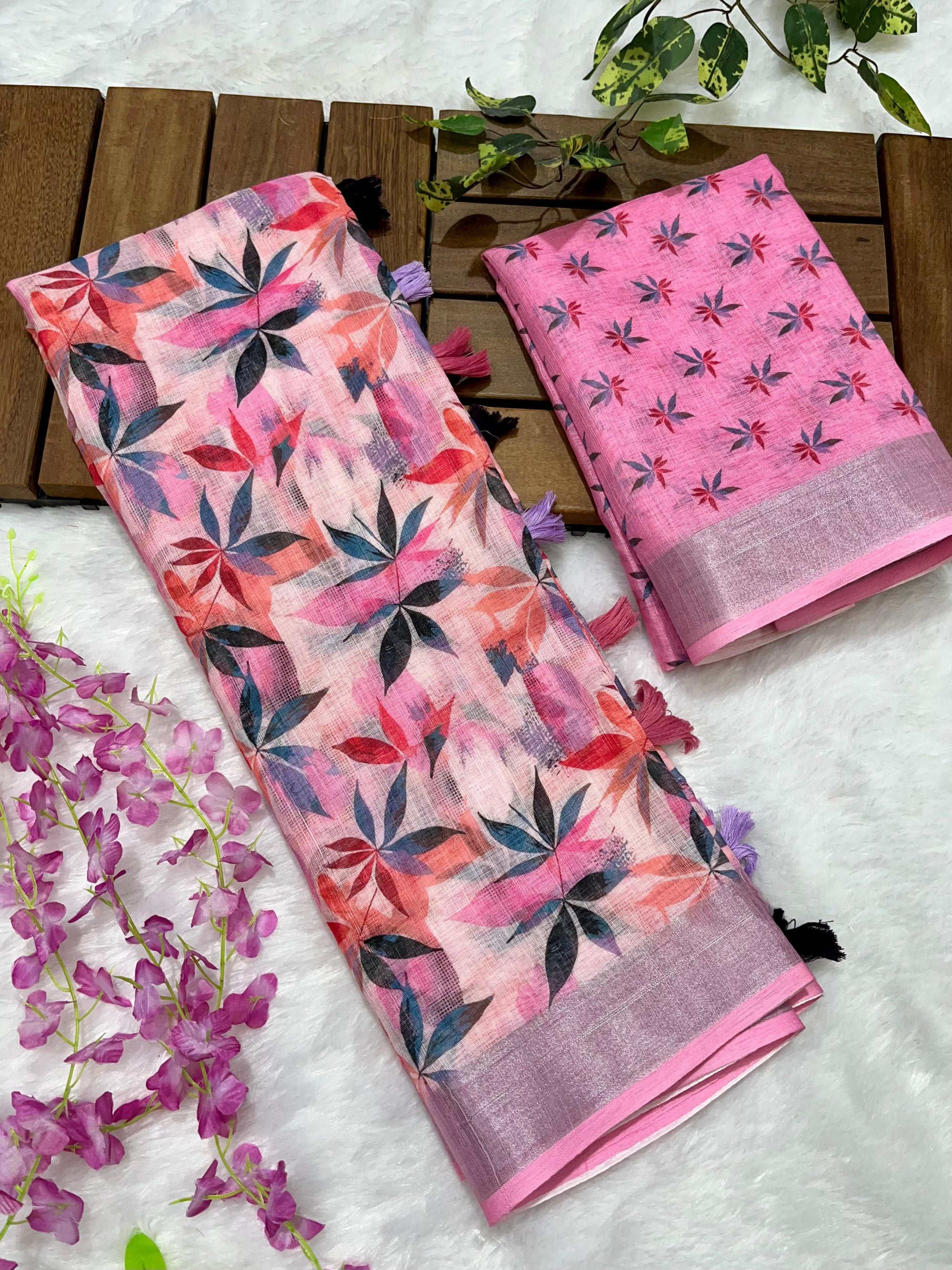 Multicolor Linen Cotton Saree with Floral Digital Prints