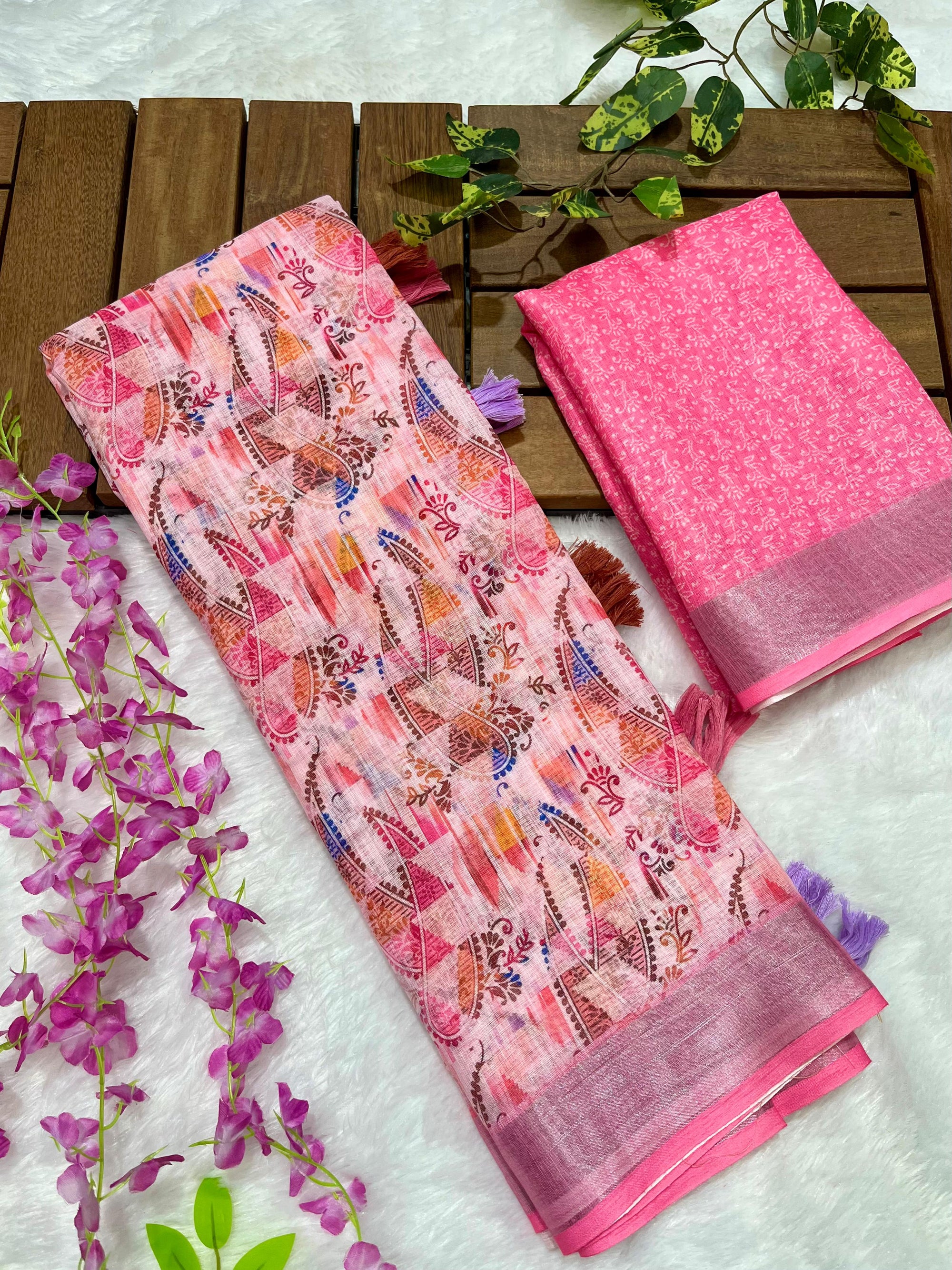 Multicolor Linen Cotton Saree with Floral Digital Prints
