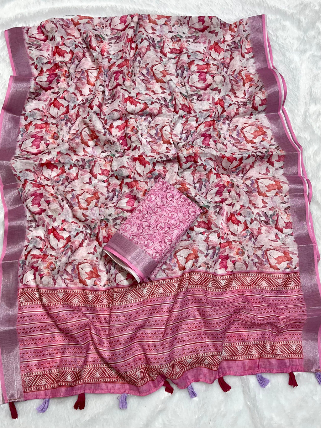 Multicolor Linen Cotton Saree with Floral Digital Prints
